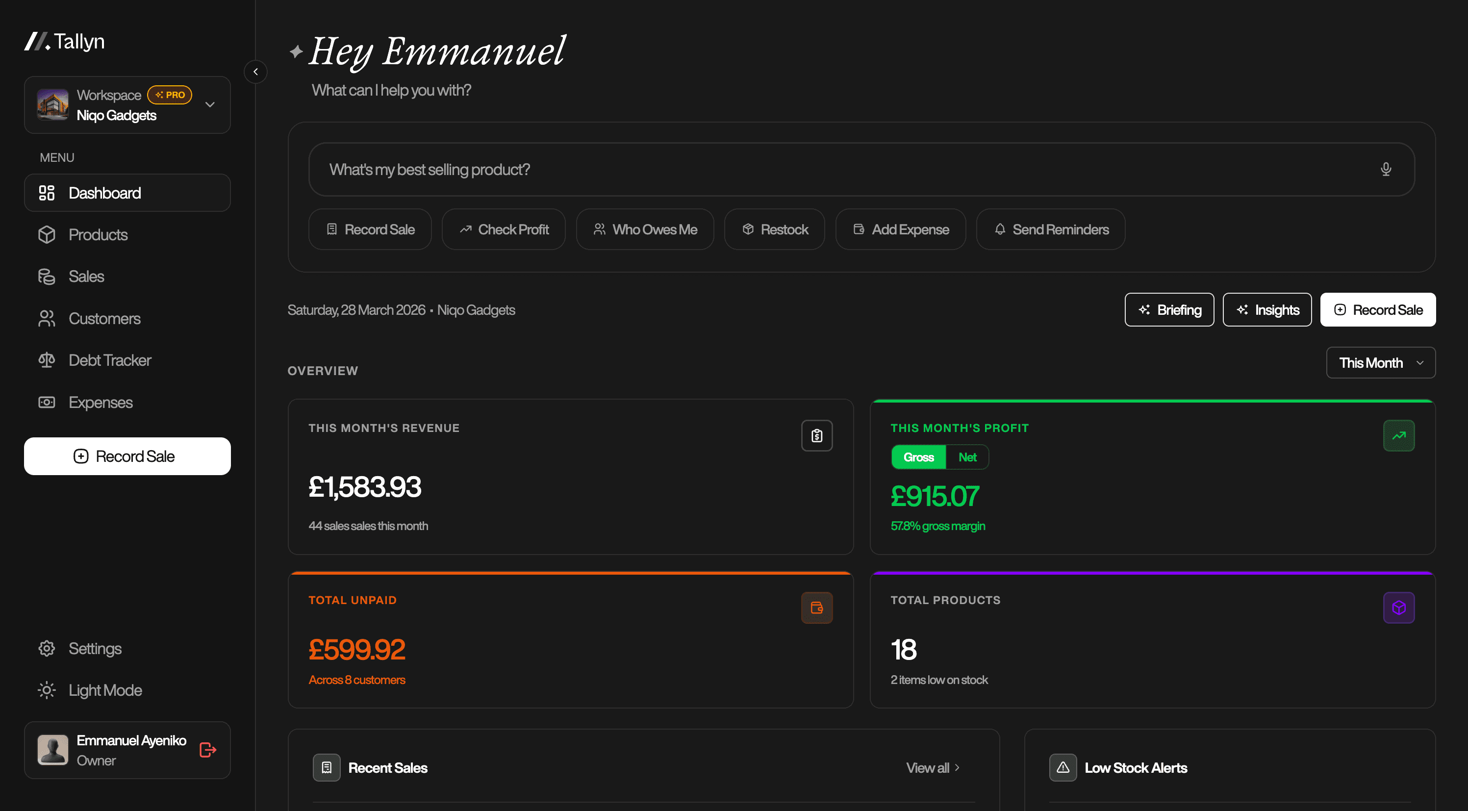 Tallyn dashboard showing sales, real profit, customer debts and stock levels for a growing business